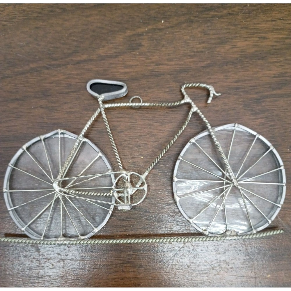Miniature Bicycle Stained Glass Wire Sculpture With Black Seat And Clear Glass W